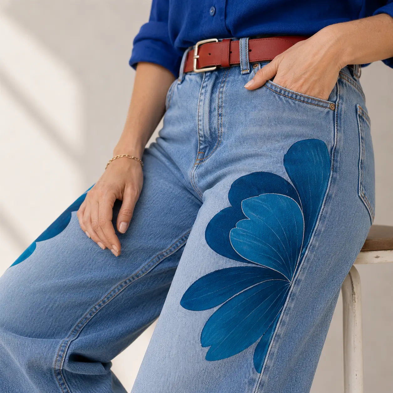 Seapoom Women’s Floral Print Cropped Wide Leg Jeans