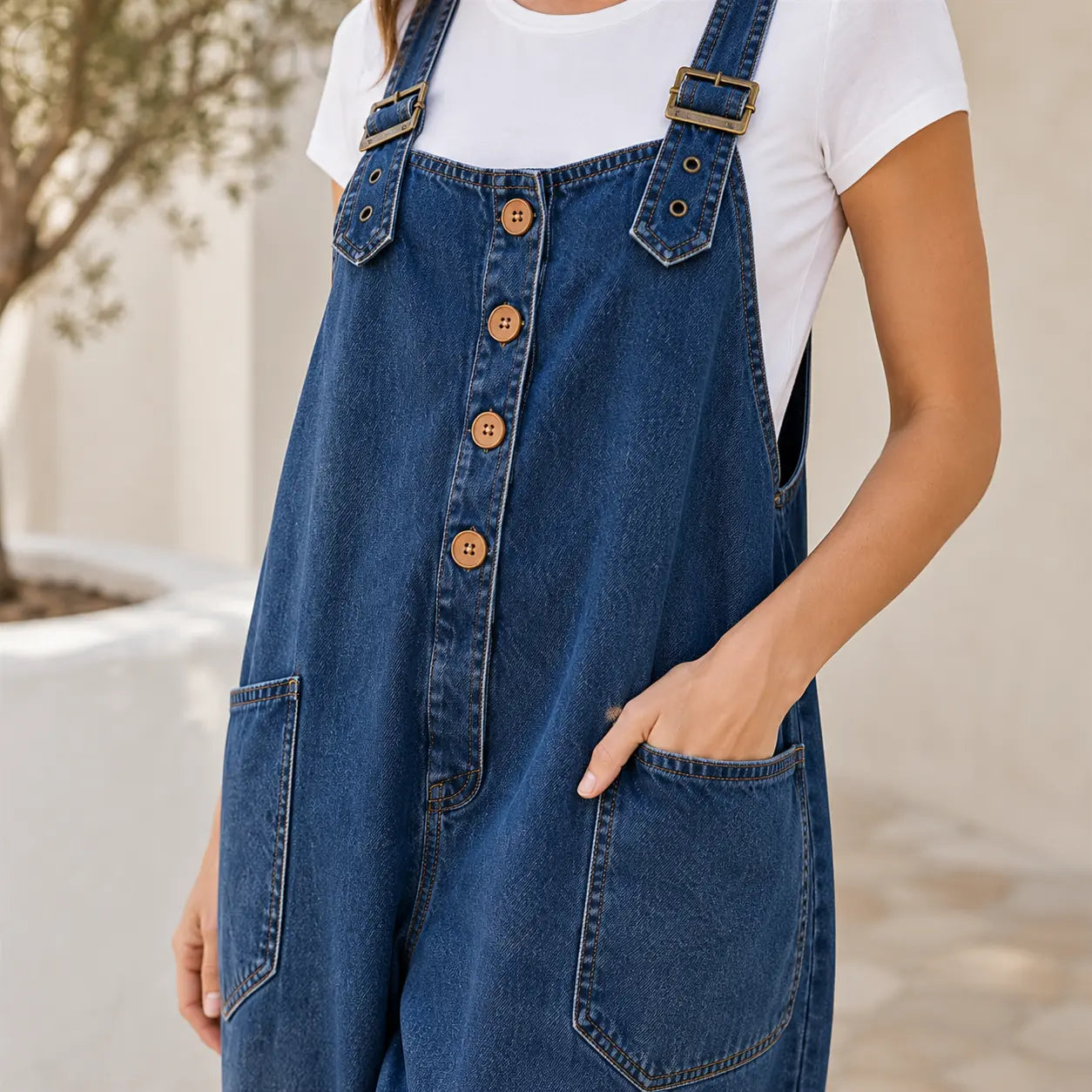 Seapoom Women’s Loose Denim Overall Jumpsuit with Pockets