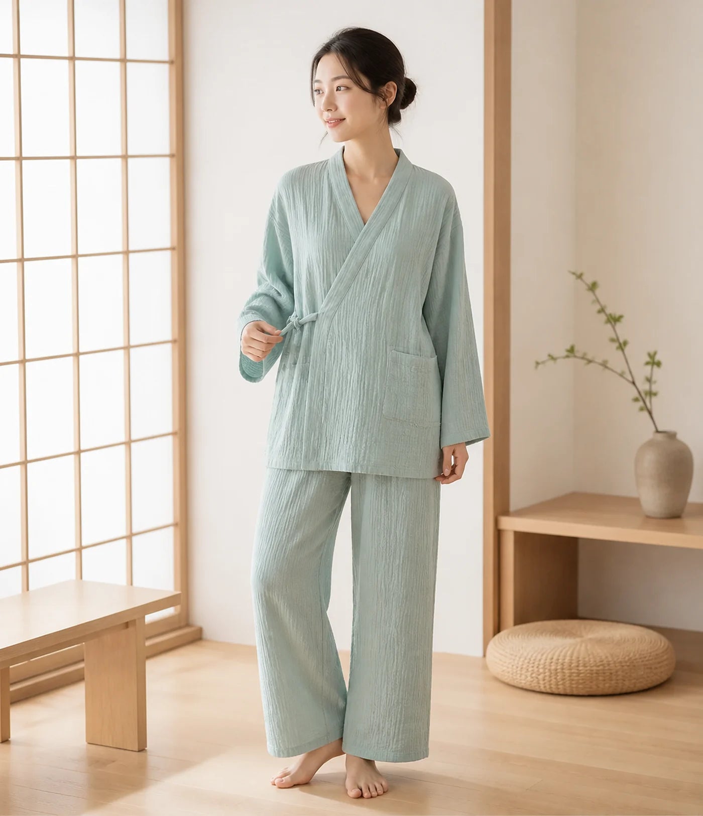 Seapoom Women's Japanese Cotton Kimono Pajamas Set