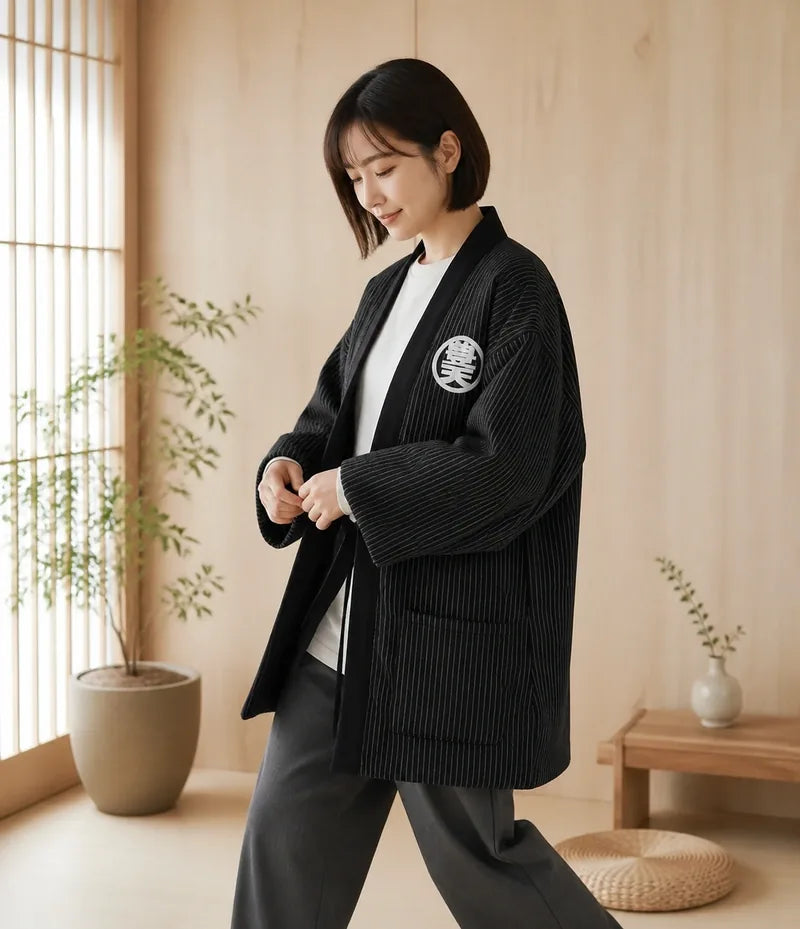 Seapoom Black Cotton Pinstripe Padded Hanten Kimono Jacket