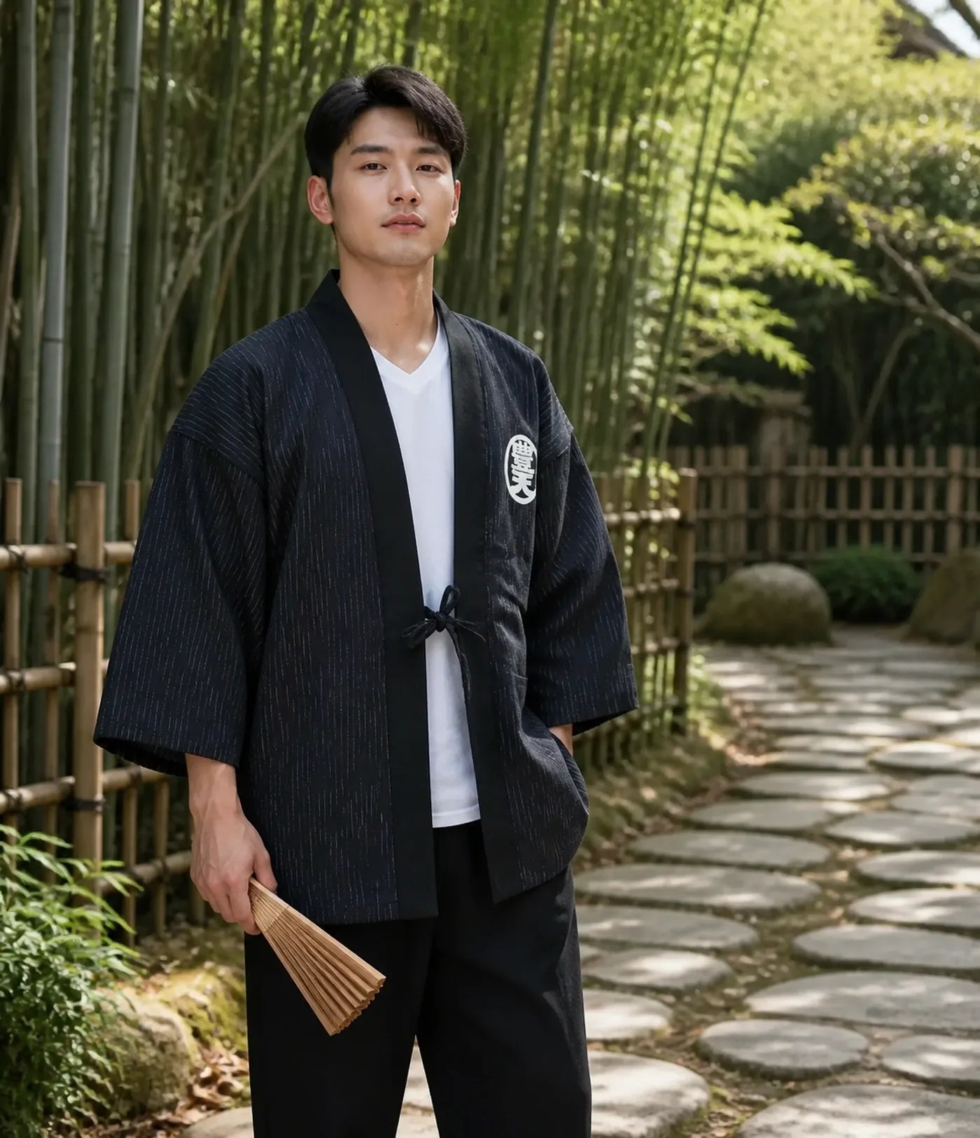 Seapoom Black Cotton Pinstripe Padded Hanten Kimono Jacket