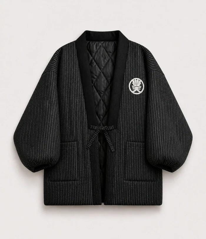 Seapoom Black Cotton Pinstripe Padded Hanten Kimono Jacket