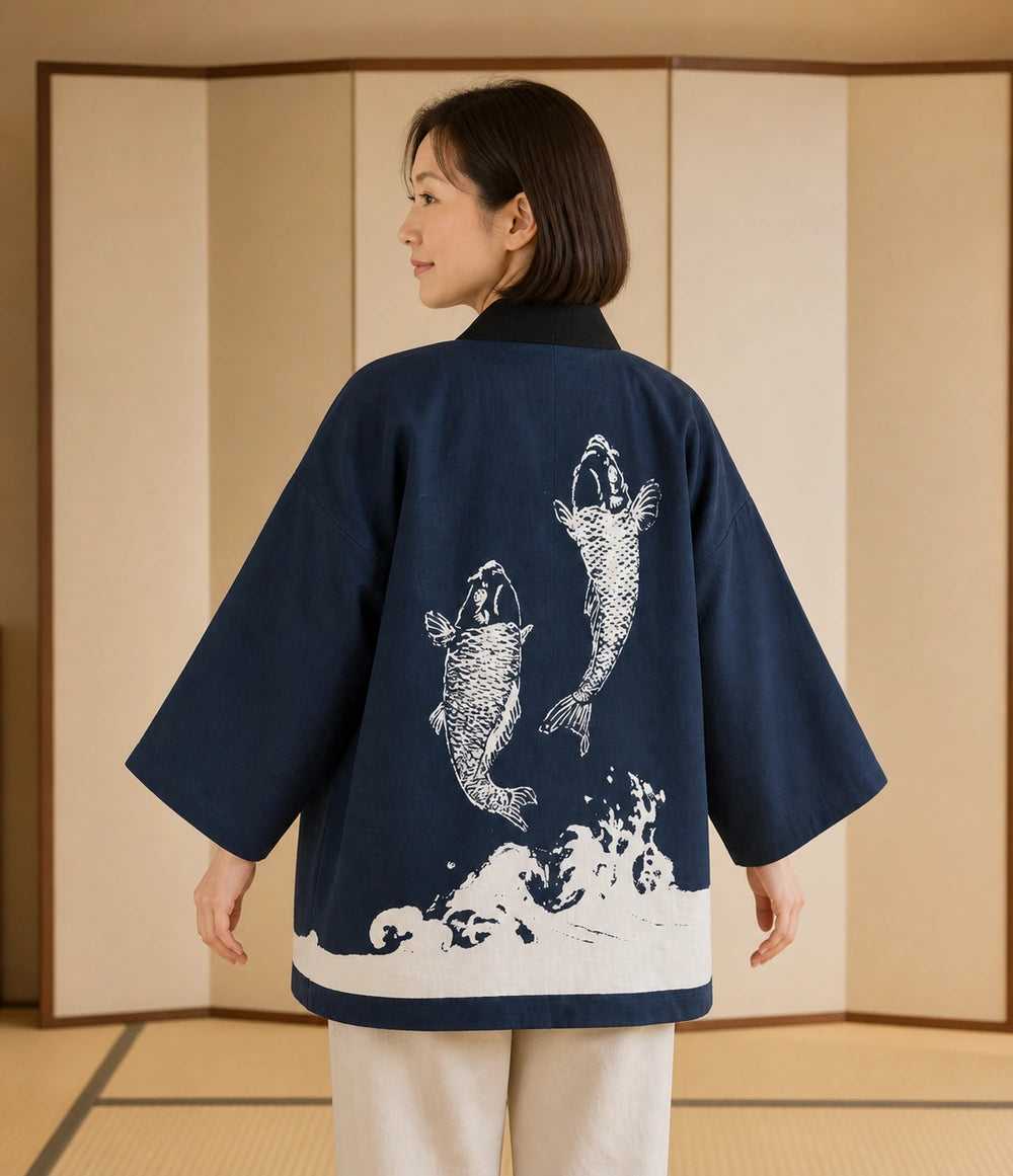 Seapoom Japanese Koi Hanten Padded Cotton Kimono Jacket