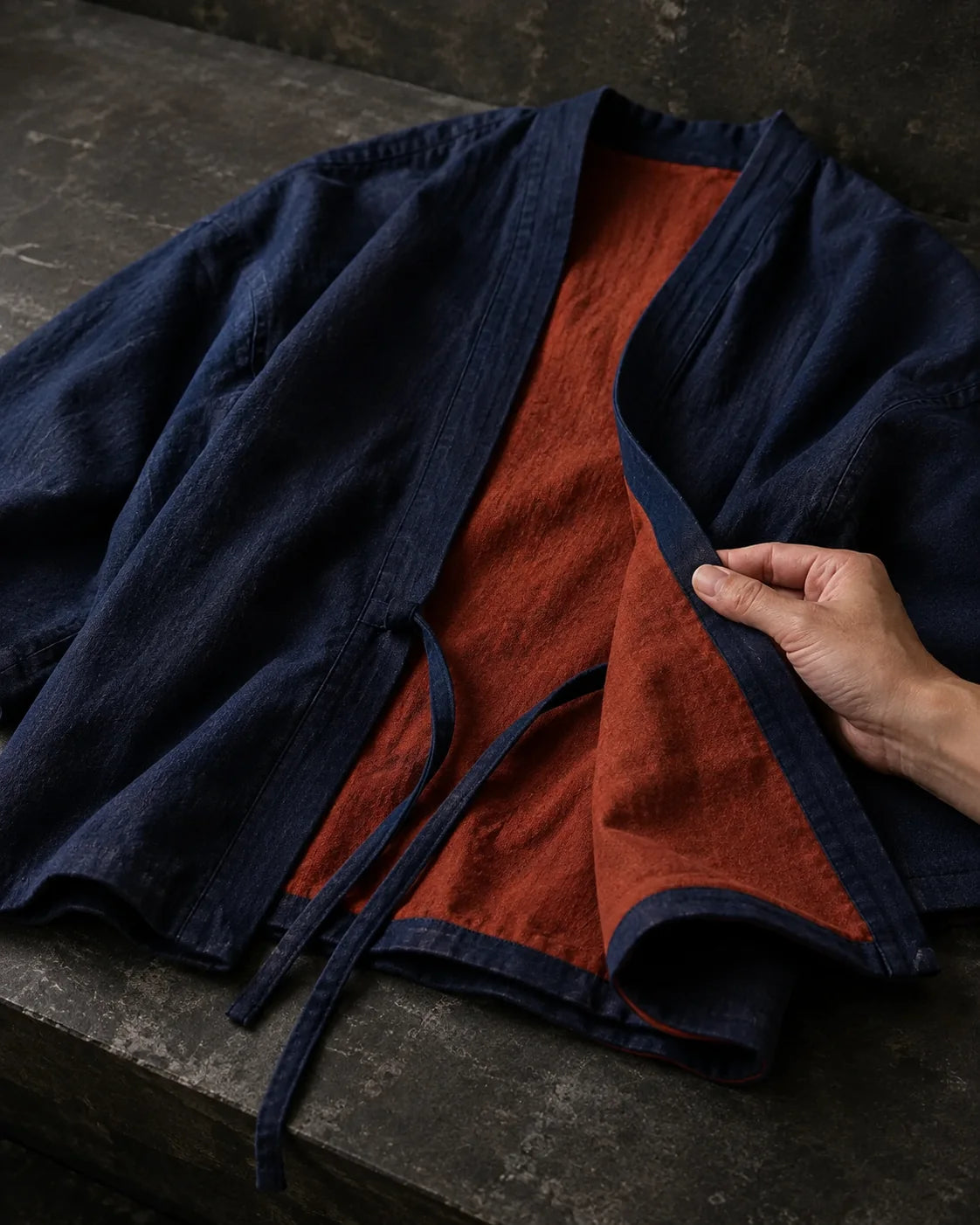 Close view of a navy and rust reversible haori showing its cotton texture